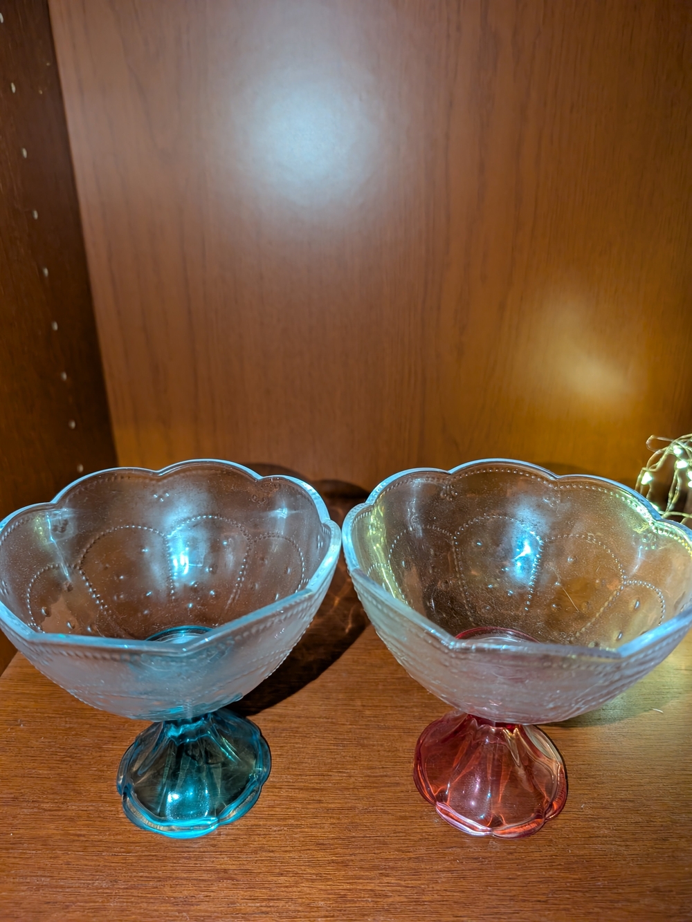 Decorative Glass Dessert Catch All Bowls - Blue & Pink Pedestal Set